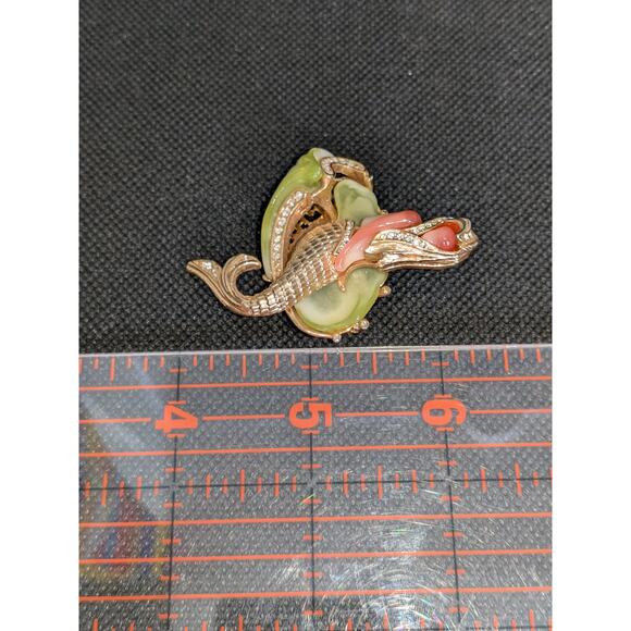 Hattie Carnegie Mermaid Brooch Faux Orange Coral/Jade w/Rhinestones Unsigned 2” - Picture 5 of 6